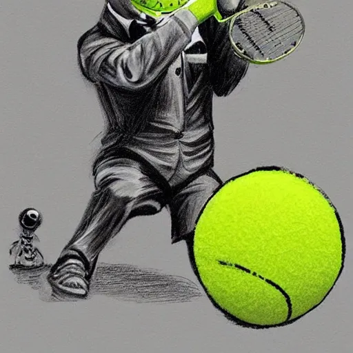 Image similar to a tennis ball monster ,tennis ball,water, chalk, digital art, fantasy, magic, trending on artstation, ultra detailed, professional illustration by Basil Gogos