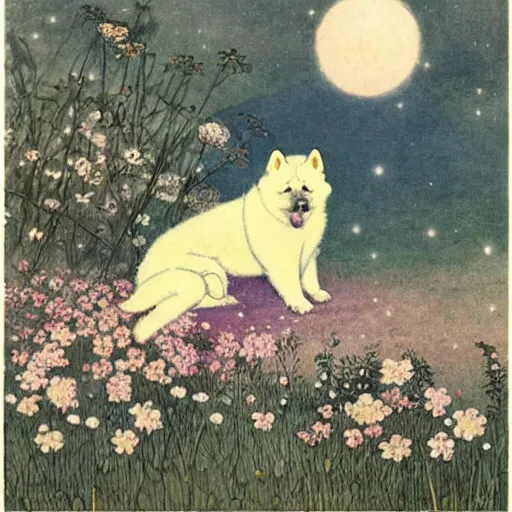 Prompt: an akita inu sitting in a moonlit field of flowers, by warwick goble and kay nielsen