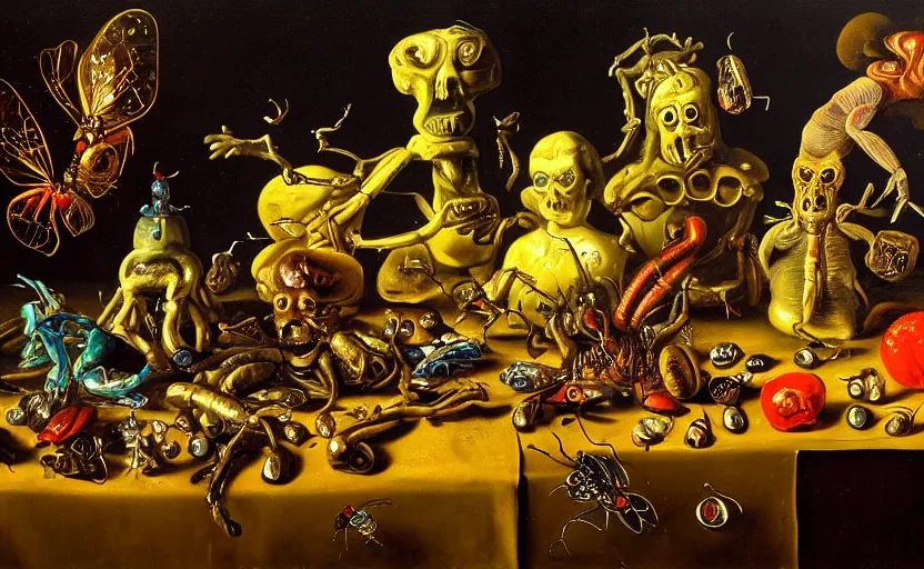 Image similar to disturbing colorful oil painting dutch golden age vanitas still life with bizarre recursive humanoid faces strange objects shiny gooey surfaces shiny metal bizarre insects rachel ruysch dali todd schorr very detailed perfect composition rule of thirds masterpiece canon 5 0 mm, cinematic lighting, chiaroscuro