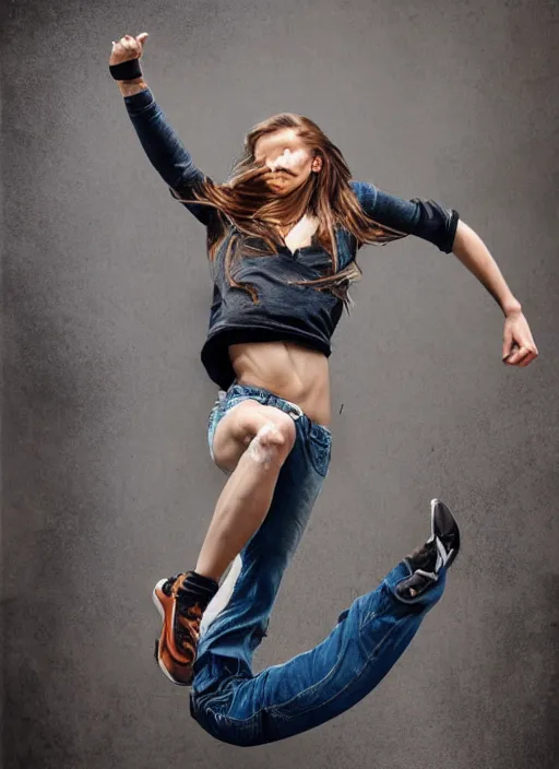 Prompt: a shocking radically realistic fine art painting of a early twenties female parkour scene wearing jeans and flowing hair, inspired by David Stoupakis, studio portrait, muted colors, detailed hair, cinematic lighting, 4K