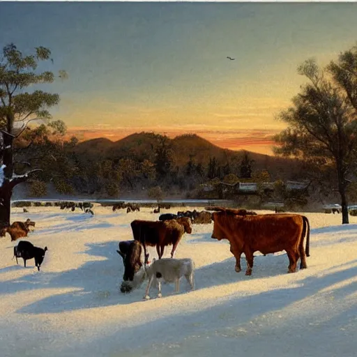 Image similar to an extremely detailed matte painting of a rancher feeding the animals at sunrise, tall rancher wearing a cowboy hat, dogs, cows, sheep, chickens, ducks, 4 k, ranch the morning after a light snowfall, by bob ross and norman rockwell