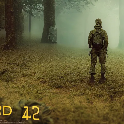 Prompt: a photo of soldier stand across huge alien arachnoid bug, old road in the forest lomography photo, playstation 5 screenshot, fine details, rain, rtx reflections, fog, night, photorealistic, unreal engine, octane render, volumetric light, featured on cg society, 4 k, 5 0 mm bokeh