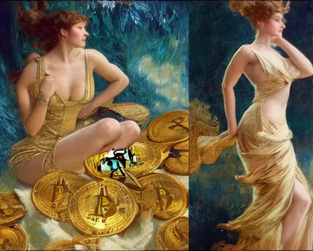 Prompt: attractive woman posing in front of a huge golden bitcoin, commercial by annie liebovitz, gaston bussiere, craig mullins, j. c. leyendecker