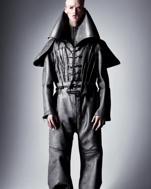 Prompt: a fashion editorial photo of a grey extremely baggy short ancient medieval designer menswear leather jacket with an oversized collar and baggy bootcut trousers designed by alexander mcqueen, 4 k, studio lighting, wide angle lens