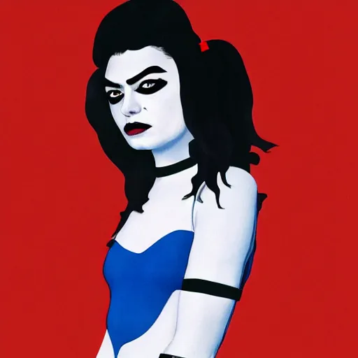 Image similar to lorde as harley quinn, dressed up in piet mondrian inspired bodysuit, official portrait, photo realistic, 4 k