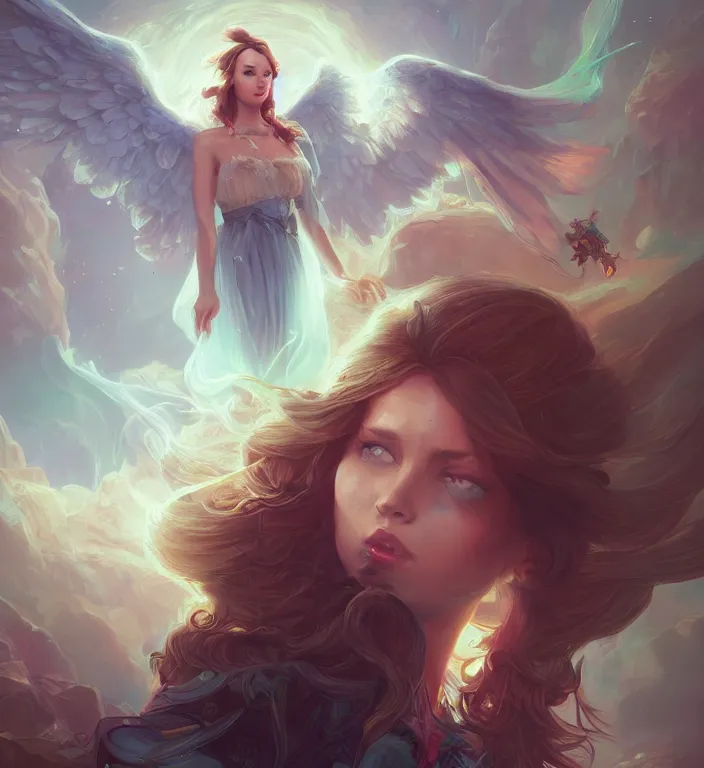 Image similar to centered waist up portrait photography an angel + bokeh + DOF + 8k, photorealistic + rendered in unreal engine + colors and composition by Peter Mohrbacher + line work by Dan Mumford , ultra realistic