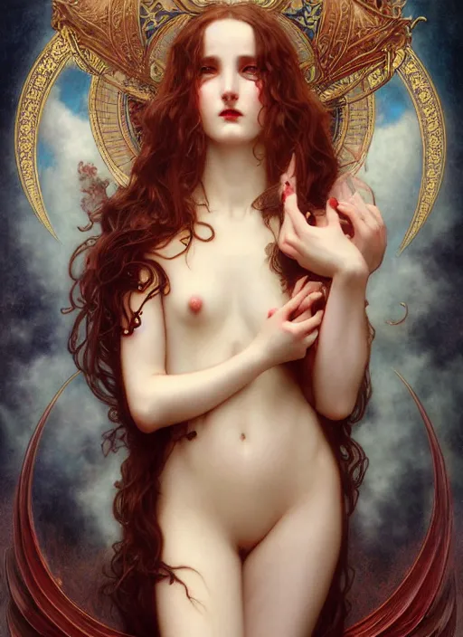 Prompt: majestic demonic succubus porcelain skin girl movie poster, art style by edmund leighton, tom bagshaw, alphonse mucha, exquisite digital art, iconic, masterpiece, organic painting, photorealistic, ornate and hyper detailed