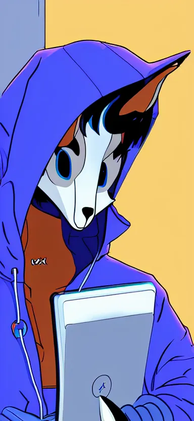 Image similar to an sketch art of anthropomorphic fox in a blue hoodie hacking a portable computer by gainax studio, artstation, digital art, oc commission, high detailed, stylised