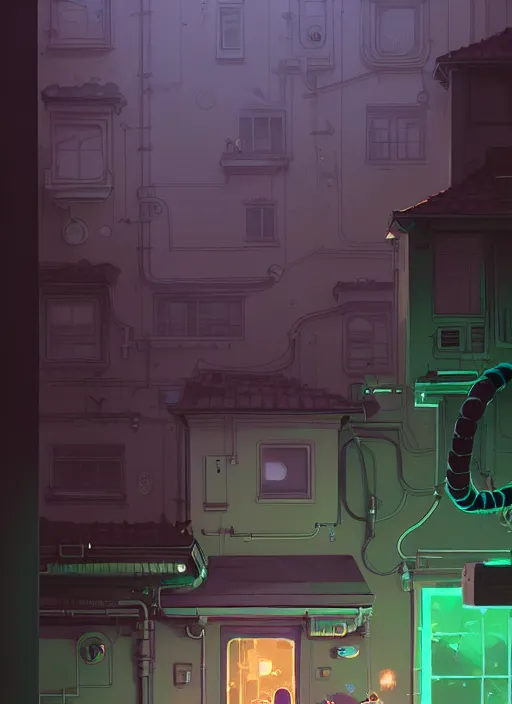 Image similar to highly detailed building villa style hoses by atey ghailan, james gilleard, by joe fenton, by greg rutkowski, by greg tocchini, by kaethe butcher, 4 k resolution, gradient purple, brown black and white color scheme!!! ( ( green flaming robotic sewer background ) )