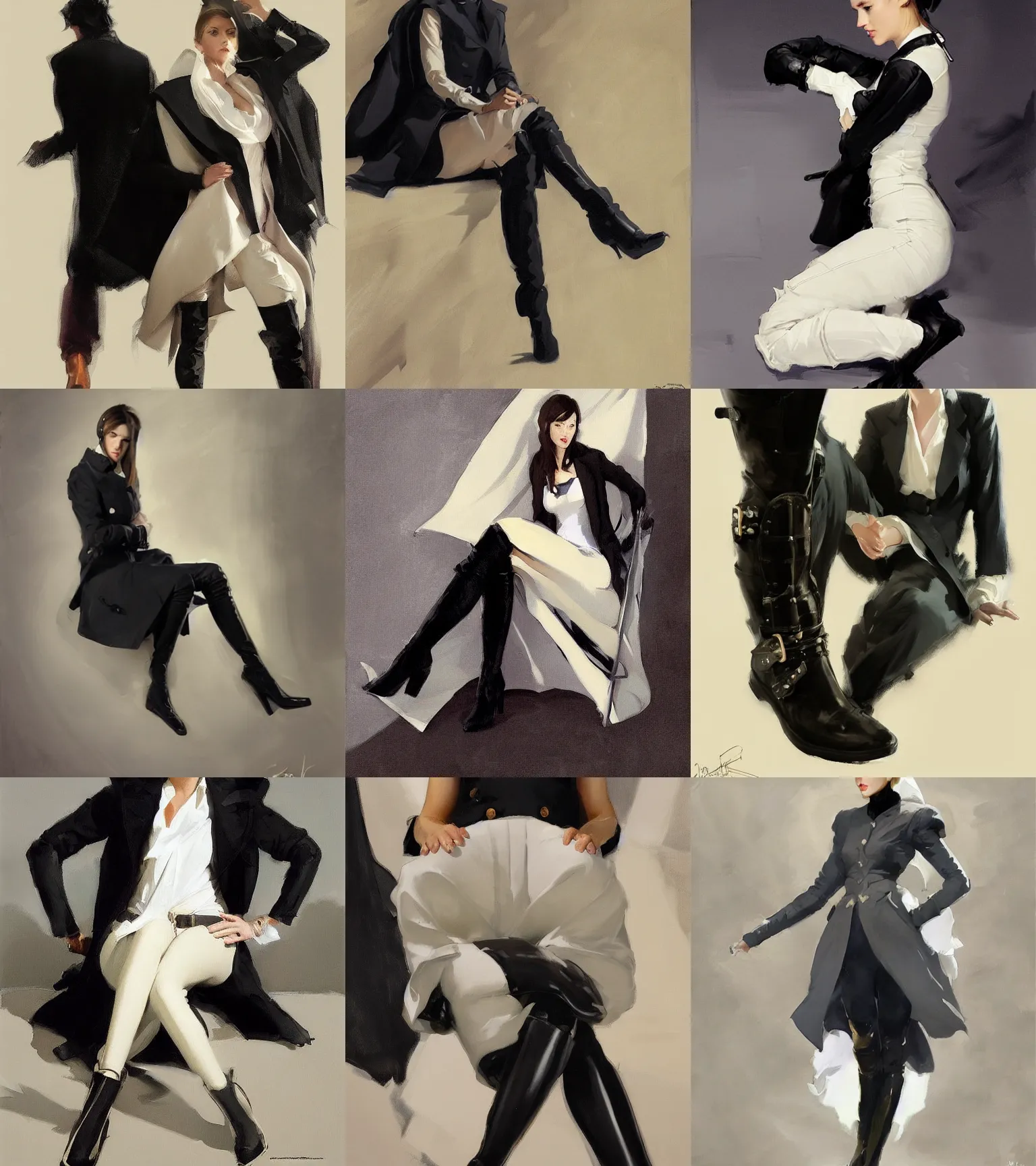 Image similar to black white cloth fabric jodhpurs knee high boots travel coat fashion, portrait in sitting pose, greg manchess painting by sargent and leyendecker, studio ghibli, fantasy, asymmetrical, intricate, elegant, matte painting, illustration, hearthstone, by greg rutkowski, by greg tocchini, by james gilleard, by joe fenton