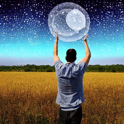 Prompt: a man in a field looking at multiverse bubbles in the sky