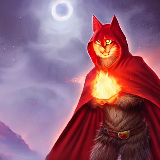 Image similar to cat Berserker, red glowing eyes, in magic armor, wearing red hoodie and torn cape, magic gathered in his chest, fire in background, D&D, fantasy, cinematic