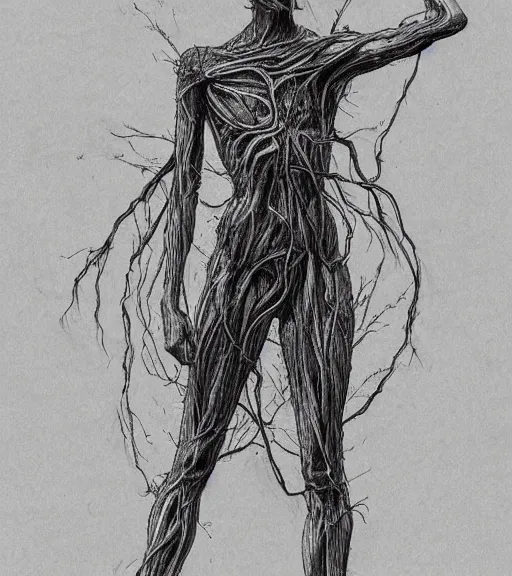 Image similar to the human nervous system. black and white drawing, in the style of greg rutkowski, fantasy, amazing detail, epic, intricate, elegant, smooth, sharp focus