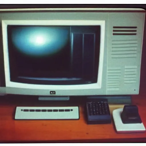 Image similar to slightly blurry and grainy photographic proof of an 8 0 s 8 bit home computer joystick, tape / disk drive and tv monitor that never was released to the public.