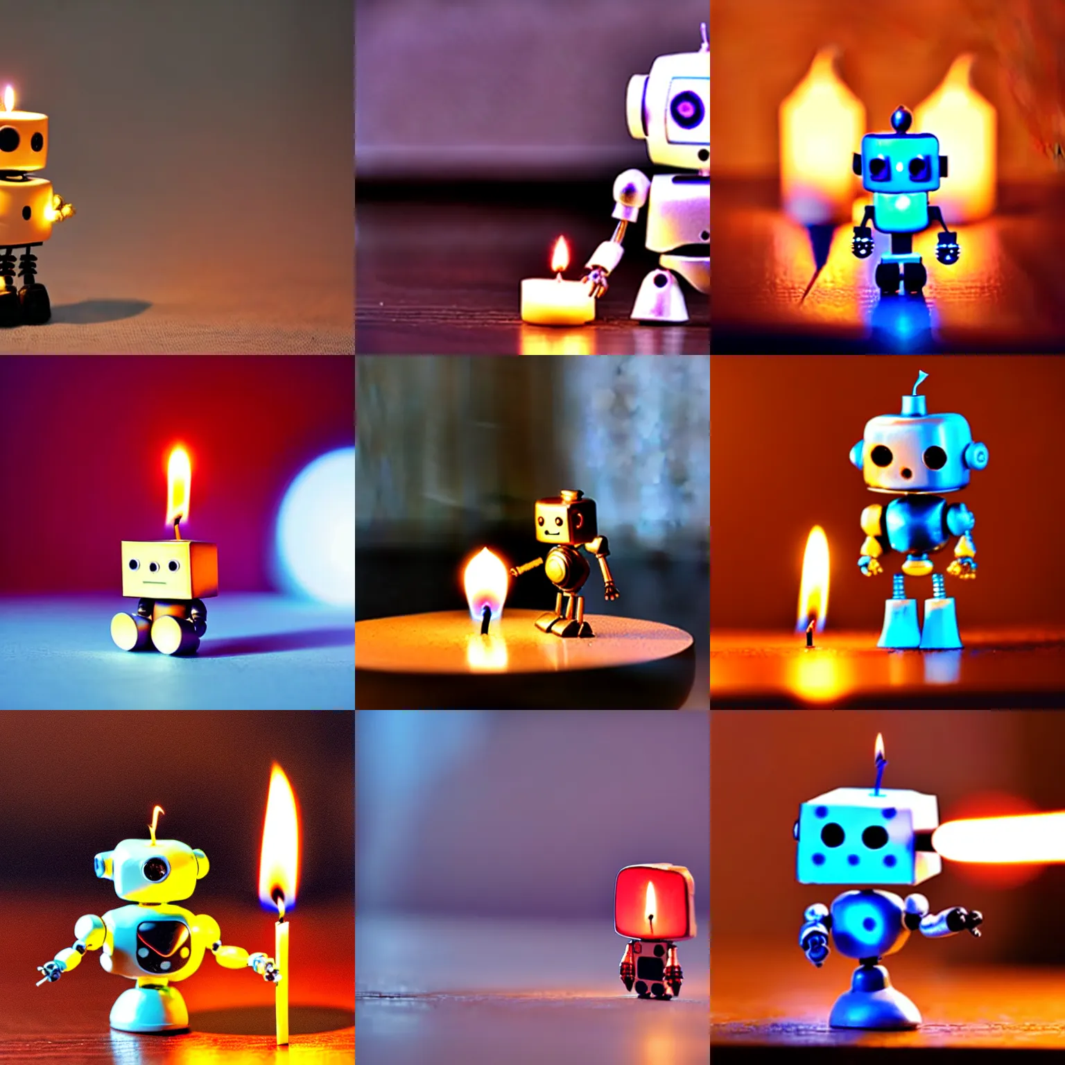 Image similar to a cute little robot sitting on a matchstick with a lit candle in the background