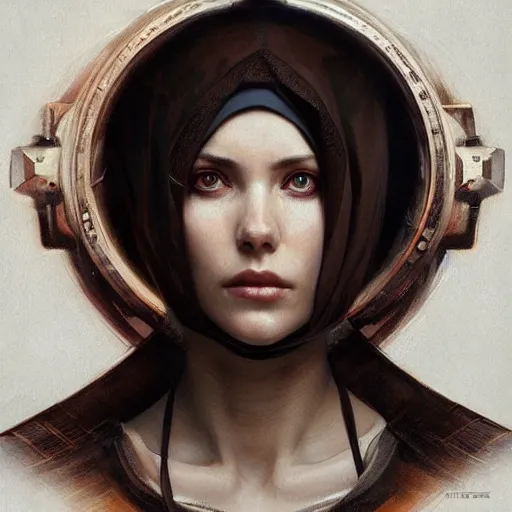 Image similar to portrait of a dystopian nun, intricate, headshot, highly detailed, digital painting, artstation, concept art, sharp focus, cinematic lighting, digital painting, art by artgerm and greg rutkowski, alphonse mucha, cgsociety