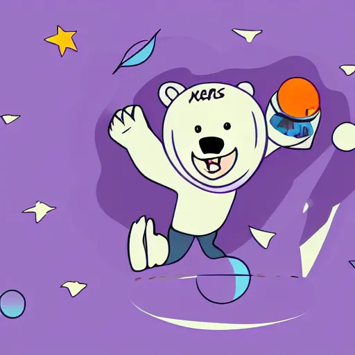Prompt: cartoon animated illustration of a bear mascot being launched from a futuristic marble planet, purple and orange cloudland