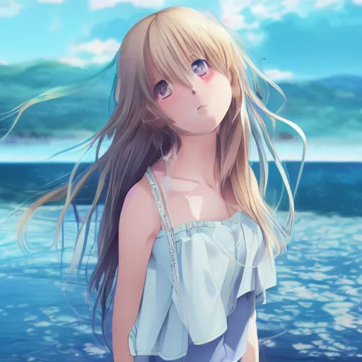 Image similar to a very beautiful anime girl, full body, long wavy blond hair, sky blue eyes, full round face, short smile, cute top, short jeans, summer lake setting, cinematic lightning, medium shot, mid-shot, highly detailed, trending on Artstation, Unreal Engine 4k, cinematic wallpaper by Stanley Artgerm Lau, WLOP, Rossdraws, James Jean, Andrei Riabovitchev, Marc Simonetti, and Sakimichan