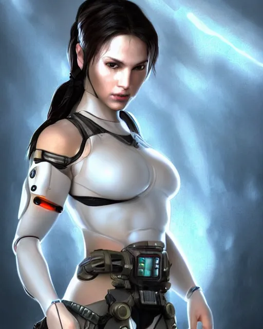 Image similar to centered portrait of soulful lara croft as a solarpunk mecha humanoid robotic parts wearing, with bright led lights, real human face, pudica gesture bouguereau style, in white room, ultra - realistic and intricate, soft portrait shot 8 k