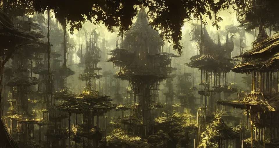 Prompt: city of tree - houses at caras galadhon, intricate, elegant, highly detailed, john park, frazetta, john howe, ruan jia, jeffrey catherine jones
