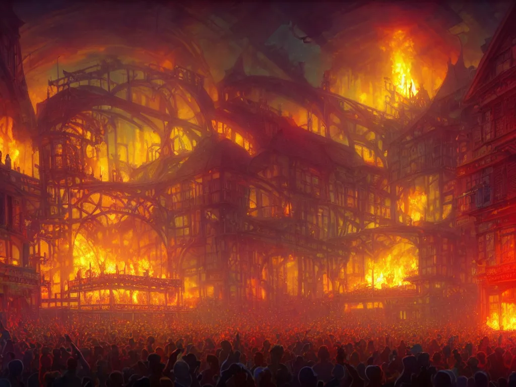 Image similar to a brightly lit stage centered and on fire, high contrast, stage lighting, pyrotechnics, ghibli animated film, volumetric lighting, octane render by stanley artgerm lau, greg rutkowski, thomas kindkade, alphonse mucha, loish, norman rockwel,