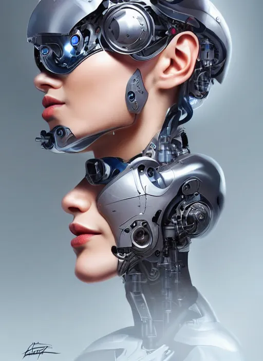 Image similar to portrait of a cyborg woman who turns her head to the ((((((right))))) left+350 (((((up))))) (((((down))))) by Artgerm,eyes closed , biomechanical, hyper detailled, trending on artstation