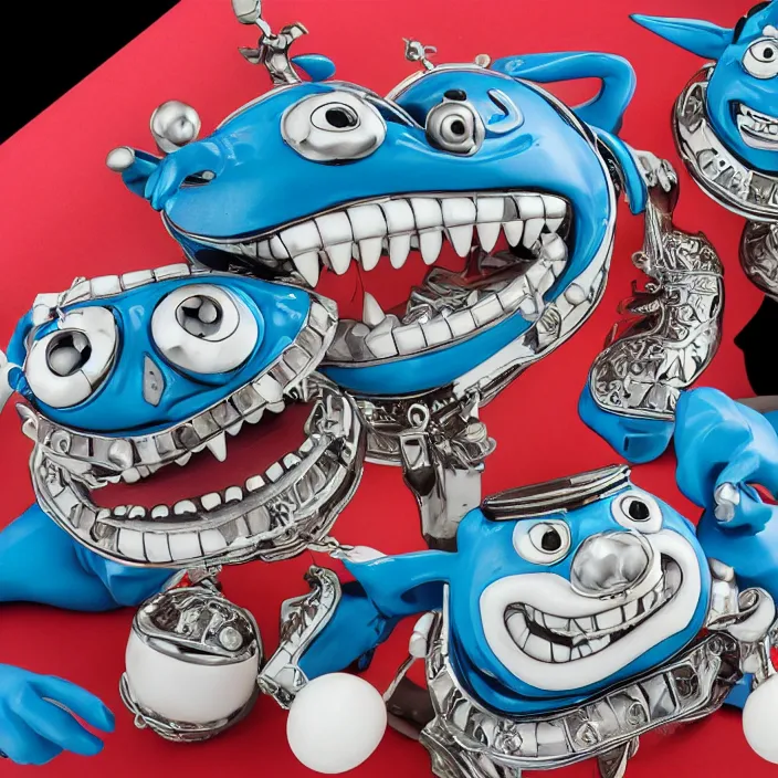 Prompt: jeff koons bauhaus style street sharks wearing diamond grillz in wallace & gromit, intricate details, highly detailed, photorealistic, 8 k, art by todd mcfarlane