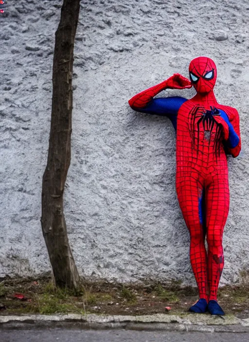 Prompt: stunning dslr photograph of ( ( ( ( granny spiderman ) ) ) ) in rural russia town street, knitted suit, closeup, dynamic pose, closeup, aperture 1. 2