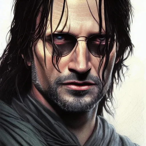 Prompt: [Aragorn in the movie Matrix as GTA character, closeup, D&D, intricate, elegant, highly detailed, digital painting, artstation, concept art, matte, sharp focus, illustration, art by Artgerm and Greg Rutkowski and Alphonse Mucha and Enki Bilal]