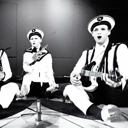 Image similar to 1 9 6 0 s photograph of a group of 4 white males performing rock music live on tv, dressed in peppermint themed sailor outfits with wide brim hats, tv studio