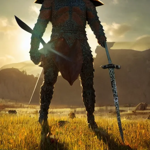 Prompt: a ultra detail picture portrait of A giant warrior in shimmering armor wielding a legendary sword, the sun at their back, strides forward with sword held high. They are the embodiment of courage and strength, and they are ready to fight for what is right. vivid tones, wide angle, by miyazaki, nausicaa ghibli, 8k, photorealistic,