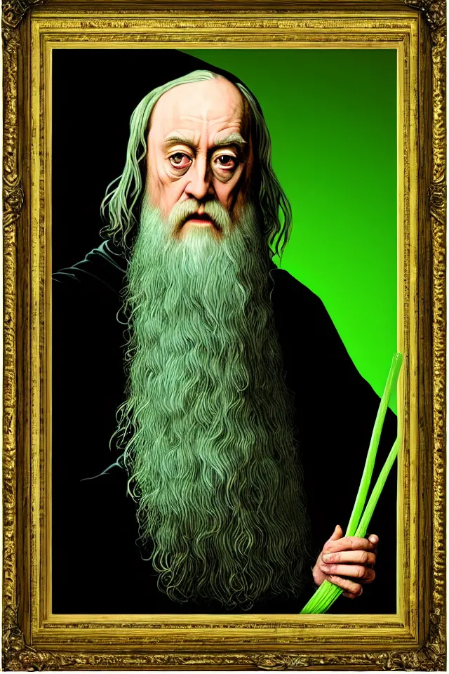 Image similar to bizarre renaissance portrait of dumbledore as a highly detailed celery stick, dramatic cinematic lighting, 8 k, beautiful intricate painting by dan mumford