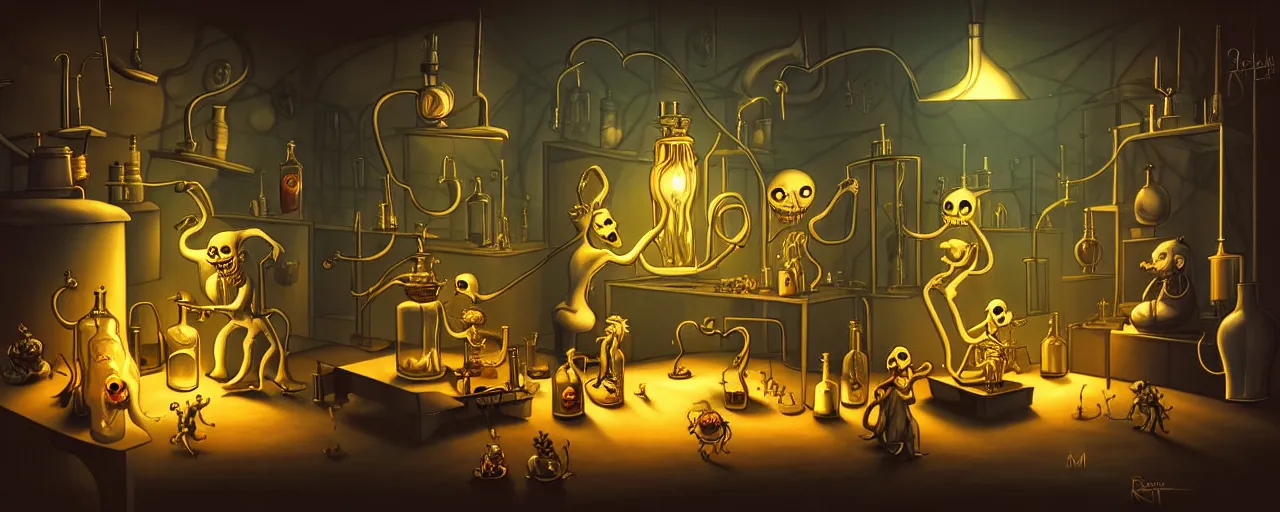 Image similar to uncanny alchemist chthonic creatures inside an alchemical lab within the left ventricle of a human heart, dramatic lighting, surreal fleischer cartoon characters, surreal painting by ronny khalil