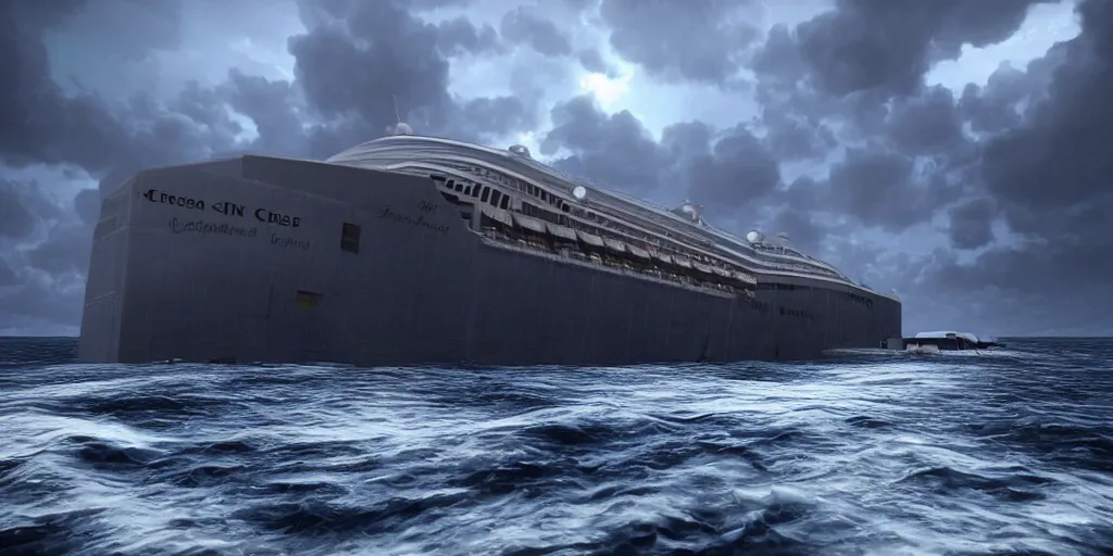 Image similar to the cruise ship lies on its side at sea, dark, thunderstorm unreal engine Hight detailed An epic fantastic realism dinamic lighting