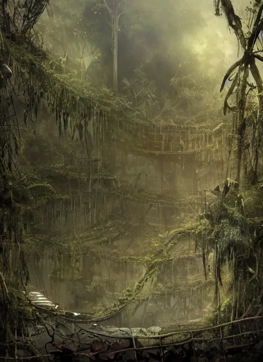 Prompt: decayed aircraft carrier USS Nimitz laying on the ground of a tropical forest, overgrown with vegetation, rust, hanging vines, post appocalyptic, by Luis Royo, by Greg Rutkowski, dark, gritty, intricate, cover illustration, concept art, volumetric lighting, volumetric atmosphere, sharp focus, octane render, trending on artstation, 8k