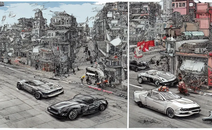 Image similar to action shots of two cars in a high speed car chase through a narrow streets with buildings either side of the road illustrated by jung gi kim, katsuya terada, jean - david morvan. extremely detailed illustration, action shots, striking perspective