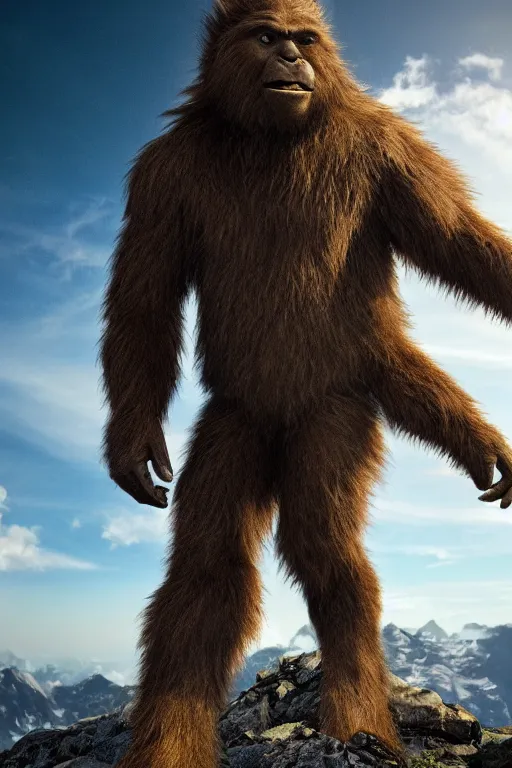 Prompt: a hyper detailed photo of a sasquatch leading you across a summit of a beautiful mountain range, above the clouds, photorealistic, unreal engine 5, 8 k post production, cinematographic, rule of thirds, ray tracing, v - ray, octane render, go pro, redbull