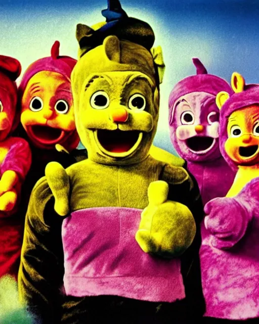 Image similar to a promotional poster for a gritty mafia - themed teletubbies movie, illustrated by robert mcginnis, poster design, film grain, 3 5 mm, 4 k detail