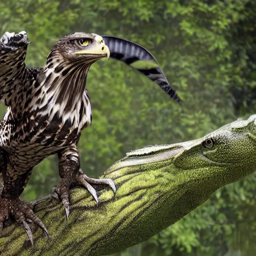 Image similar to hawk and crocodile mutant hybrid, bipedal, realistic picture taken in zoo