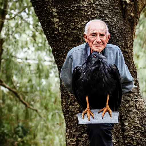 Prompt: an elderly man holding a raven, canon eos r 3, f / 1. 4, iso 2 0 0, 1 / 1 6 0 s, 8 k, raw, unedited, symmetrical balance, in - frame