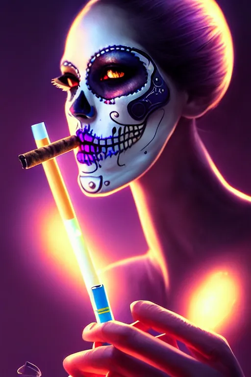 Image similar to ultra detailed, beautiful female android smoking a cigarette, scifi, fantasy, ( dia de los muertos ), triadic color scheme, intricate detailed, global illumination, concept art. smoke, calm, noir. art by godmachine and michael welan and rossdraws and artgerm and greg rutkowski and loish and wlop. 8 k, hdr