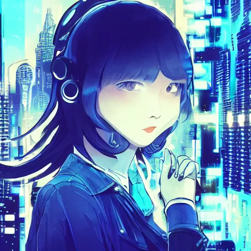 Image similar to Frequency indie album cover, luxury advertisement, blue filter, blue and black colors. Clean and detailed post-cyberpunk sci-fi close-up schoolgirl in asian city in style of cytus and deemo, blue flame, relaxing, calm and mysterious vibes, by Tsutomu Nihei, by Yoshitoshi ABe, by Ilya Kuvshinov, by Greg Tocchini, nier:automata, set in half-life 2, Matrix, GITS, Blade Runner, Neotokyo Source, Syndicate(2012), dynamic composition, beautiful with eerie vibes, very inspirational, very stylish, with gradients, surrealistic, dystopia, postapocalyptic vibes, depth of field, mist, rich cinematic atmosphere, perfect digital art, mystical journey in strange world, beautiful dramatic dark moody tones and studio lighting, shadows, bastion game, arthouse