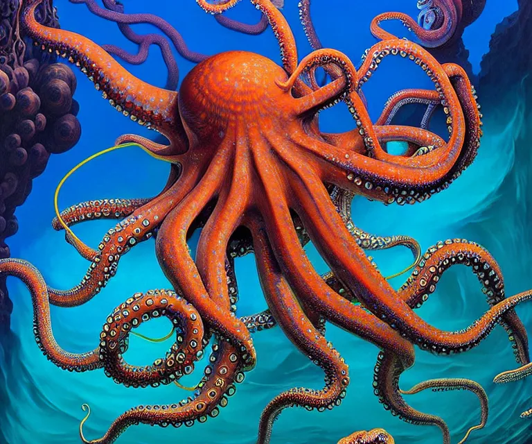 Image similar to hyper detailed 3d render like a Oil painting - a giant octopus patrolling the depths of the deep blue sea, by Jacek Yerka, Mariusz Lewandowski, Houdini algorithmic generative render, Abstract brush strokes, Masterpiece, Edward Hopper and James Gilleard, Zdzislaw Beksinski, Mark Ryden, Wolfgang Lettl, hints of Yayoi Kasuma, octane render, 8k