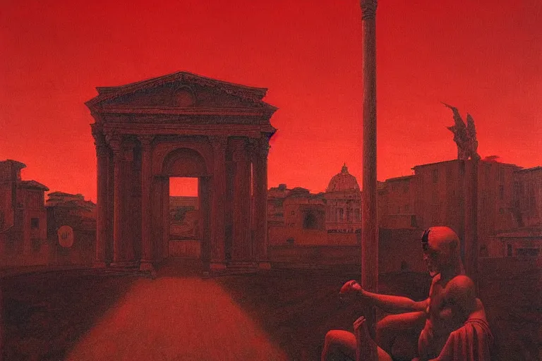 Image similar to only with red, caesar after war, a red tiger, in hoc signo vinces, rome in background, an ancient path, in the style of beksinski, part by hopper, part by rodcenko, part by hofbauer, intricate composition, red by caravaggio, insanely quality, highly detailed, masterpiece, red light, artstation