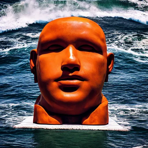 Image similar to a giant human head sculpture in the sea made out of juicy hamburgers, long shot, hyper detailed, hyper realistic, ray tracing, 8 k resolution, sharp focus, realistic water, award winning