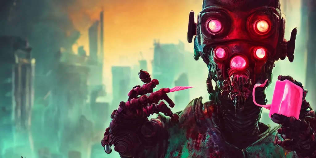 Image similar to a cyberpunk chtulhu creature enjoying a popsicle, closeup, fallout 5, studio lighting, deep colors, apocalyptic setting, vertically mirrored city in background