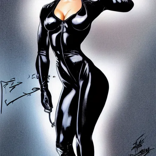 Image similar to High definition, high octane, award winning full body shot of Catwoman posing for the camera in revealing clothing, realistic