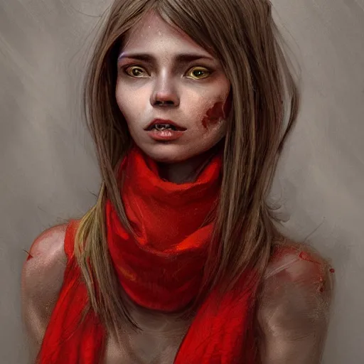 Image similar to Goblin Female portrait, Red Scarf, hatched ear, golden earring, white background, by Horace Hsu, Tony Sart, Miles Johnston, highly detailed, digital illustration, concept art, trending on artstation