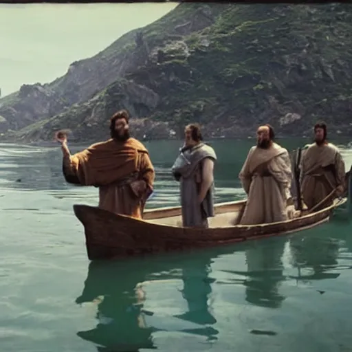 Prompt: Cinematic still of Stunned Men in 1st century clothing standing on a boat, looking in shock at the calm water, peaceful, epic directed by Ridley Scott