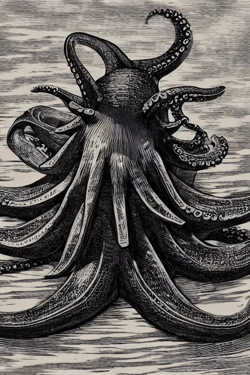 Image similar to a beautiful wood engraving on paper of a defensive octopus, 8 k, frostbite 3 engine, cryengine, dof, trending on artstation, digital art, crepuscular ray